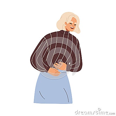 Emotional woman laughing out loud, grabbing stomach. Persons laughter and hands on belly, reaction on fun, joke. Happy Vector Illustration