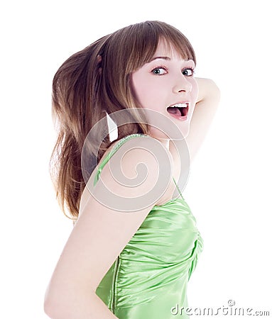 Emotional young blonde in green dress Stock Photo