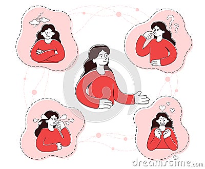 Emotional young girl surrounded by emoticons Vector Illustration