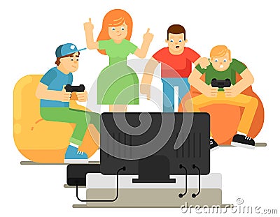 Emotional young people playing in video game Vector Illustration