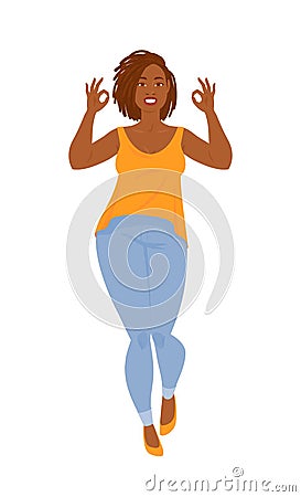 Emotions. Beautiful curvy black woman in casual clothes with dreadlocks, full length Vector Illustration