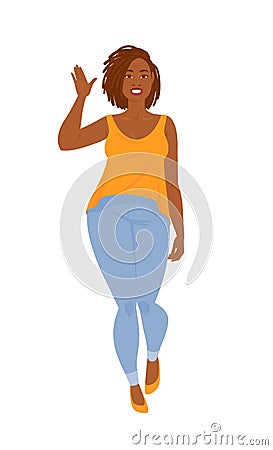 Emotions. Beautiful curvy black woman in casual clothes with dreadlocks, full length Vector Illustration