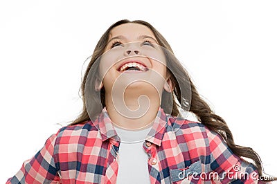 Emotions concept. Sincere emotional child. Girl laugh emotional face. Humor and react funny story. Childhood and Stock Photo
