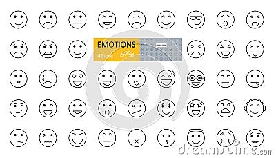 Emotions Emoji set 42 icons with editable stroke. Vector illustration of an emotional face. Joy, sadness, anger, irritation, tears Vector Illustration