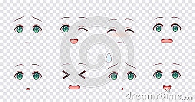 Emotions green eyes of anime manga girls Vector Illustration