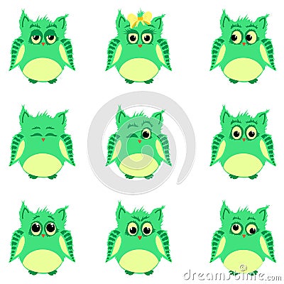Emotions of green owls Stock Photo