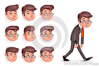 Emotions Pleased Happy Satisfied Tired Weary Fatigue Melancholy Sad Businessman Walk Cartoon Design Character Vector Vector Illustration