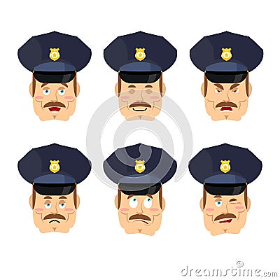 Emotions policeman icon. Set expressions avatar cop. Good and evil. Discouraged and cheerful. Face constable police Vector Illustration