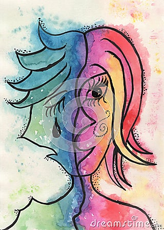 Portrait watercolor in picasso style emotions woman cheerful and sad. Stock Photo