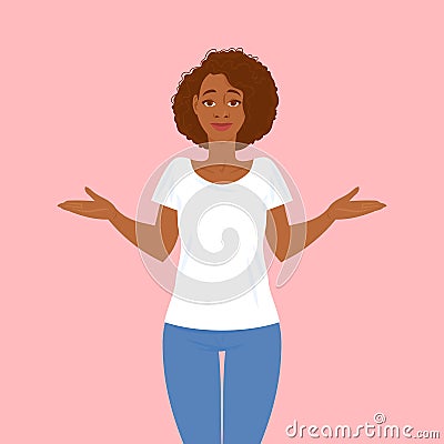 Emotions. Pretty young black woman in casual clothes with hair in Afro style Vector Illustration