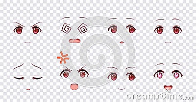 Emotions red eyes of anime manga girls Vector Illustration