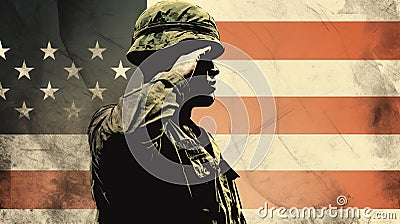 Grunge-Inspired Illustration: Soldier Saluting Fallen Comrade & Distressed American Flag Cartoon Illustration