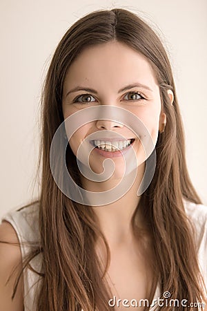 Emotive headshot portrait of happy young woman Stock Photo