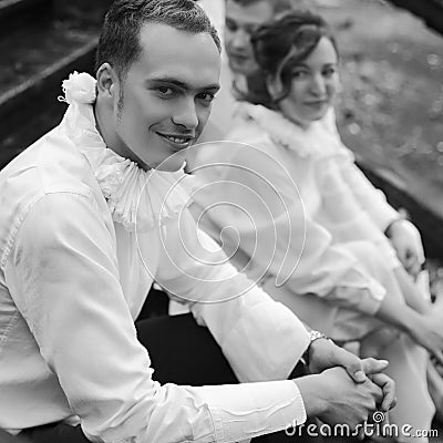 Emotive portrait of three close friends - street actors. Troop a Stock Photo