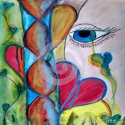 Emotives Watercolor Sketch Mixed Media Chalk Composition Abstract Heart Emotive Falling Heart Teardrops of Love Stock Photo