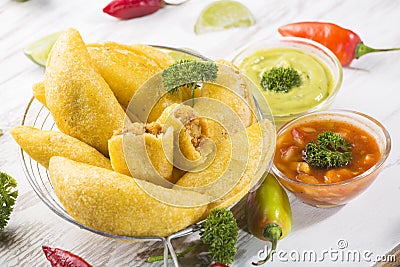 Empanadas with hot sauce, traditional Colombian food Stock Photo