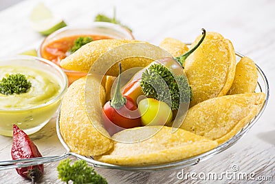 Empanadas with hot sauce, traditional Colombian food Stock Photo