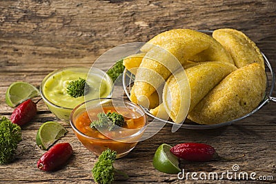 Empanadas with hot sauce, traditional Colombian food Stock Photo