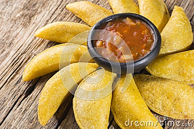 Empanadas with hot sauce, traditional Colombian food Stock Photo