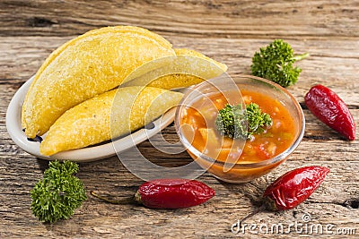 Empanadas with hot sauce, traditional Colombian food Stock Photo