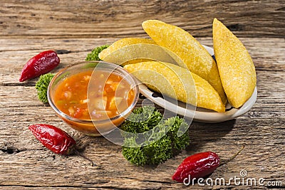 Empanadas with hot sauce, traditional Colombian food Stock Photo