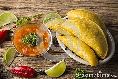 Empanadas with hot sauce, traditional Colombian food Stock Photo