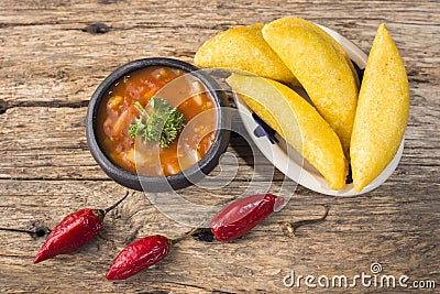 Empanadas with hot sauce, traditional Colombian food Stock Photo