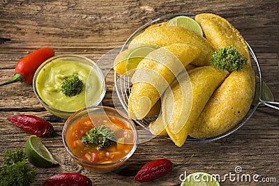 Empanadas with hot sauce, traditional Colombian food Stock Photo