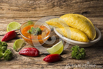 Empanadas with hot sauce, traditional Colombian food Stock Photo