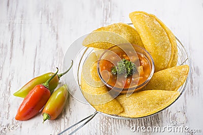 Empanadas with hot sauce, traditional Colombian food Stock Photo