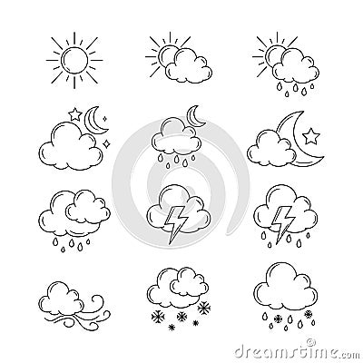 Set of Weather vector illustration with simple hand drawn Cartoon Illustration