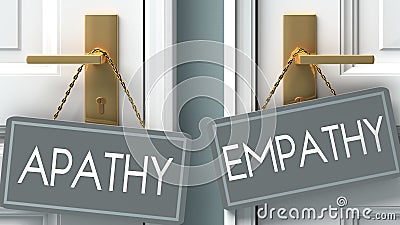 Empathy or apathy as a choice in life - pictured as words apathy, empathy on doors to show that apathy and empathy are different Cartoon Illustration