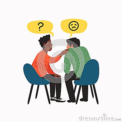 Empathy. Empathy and Compassion concept - African American young man comforting sad man. Vector Illustration