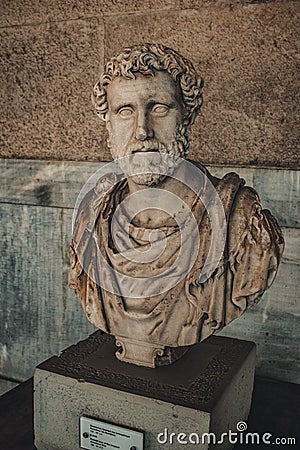 Emperor Antoninus Plus in Stoa of Attalus at site of Agora of Athens at archaeological site Agora of Athens. Editorial Stock Photo