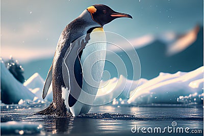 Emperor penguin standing in icy frozen water Stock Photo