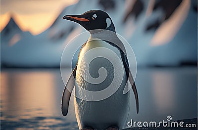 Emperor penguin standing in icy frozen water Stock Photo