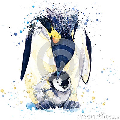 Emperor penguin T-shirt graphics. emperor penguin illustration with splash watercolor textured background. unusual illustration wa Cartoon Illustration