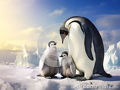 Emperor Penguins with chick Cartoon Illustration