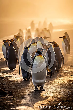 Emperor Penguins walking on Antarctica at sunset. Amazing Wildlife. Generative Ai Stock Photo