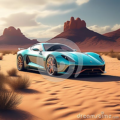 emphasize the contrast between the vibrant sports car and the muted desert backdrop trending Stock Photo