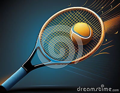 Emphasize a racket hitting the ball with strings slightly flexed Stock Photo