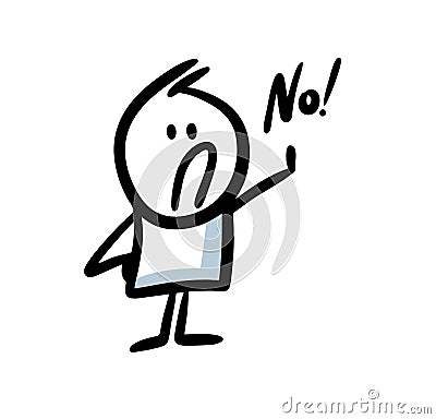 Emphatic doodle stickman character makes a negative hand gesture and says no. Vector Illustration