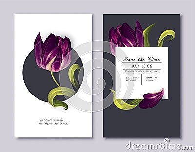 Emplate design with dark violet tulip flower, petal and leaves. Vector Illustration