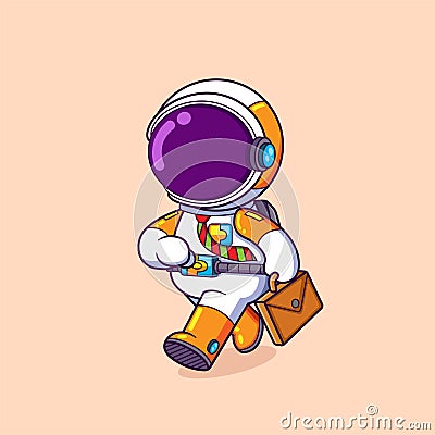 The employee astronaut is ready for go to the office with the big suitcase Vector Illustration