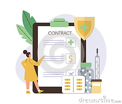 Employee Benefits banner with woman reading employment contract, flat vector. Vector Illustration