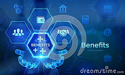 Employee benefits help to get the best human resources concept on virtual screen. Business for Profit, Benefit, health insurance. Vector Illustration