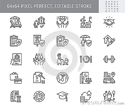 Employee benefits line icons. Vector illustration with icon - hr, perks, organization, maternity rest, sick leave Vector Illustration