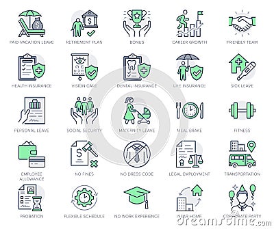 Employee benefits line icons. Vector illustration with icon - hr, perks, organization, maternity rest, sick leave Vector Illustration