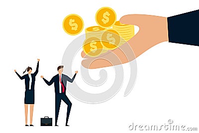 Employee bonus money, giant boss hand giving stack of coins money to happy office workers Stock Photo