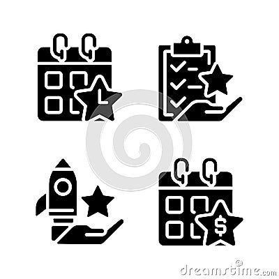 Employee bonus program black glyph icons set on white space Vector Illustration